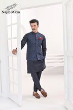 Blue Embroidery Waist Coat & Blue Kurta Pajama For Men's