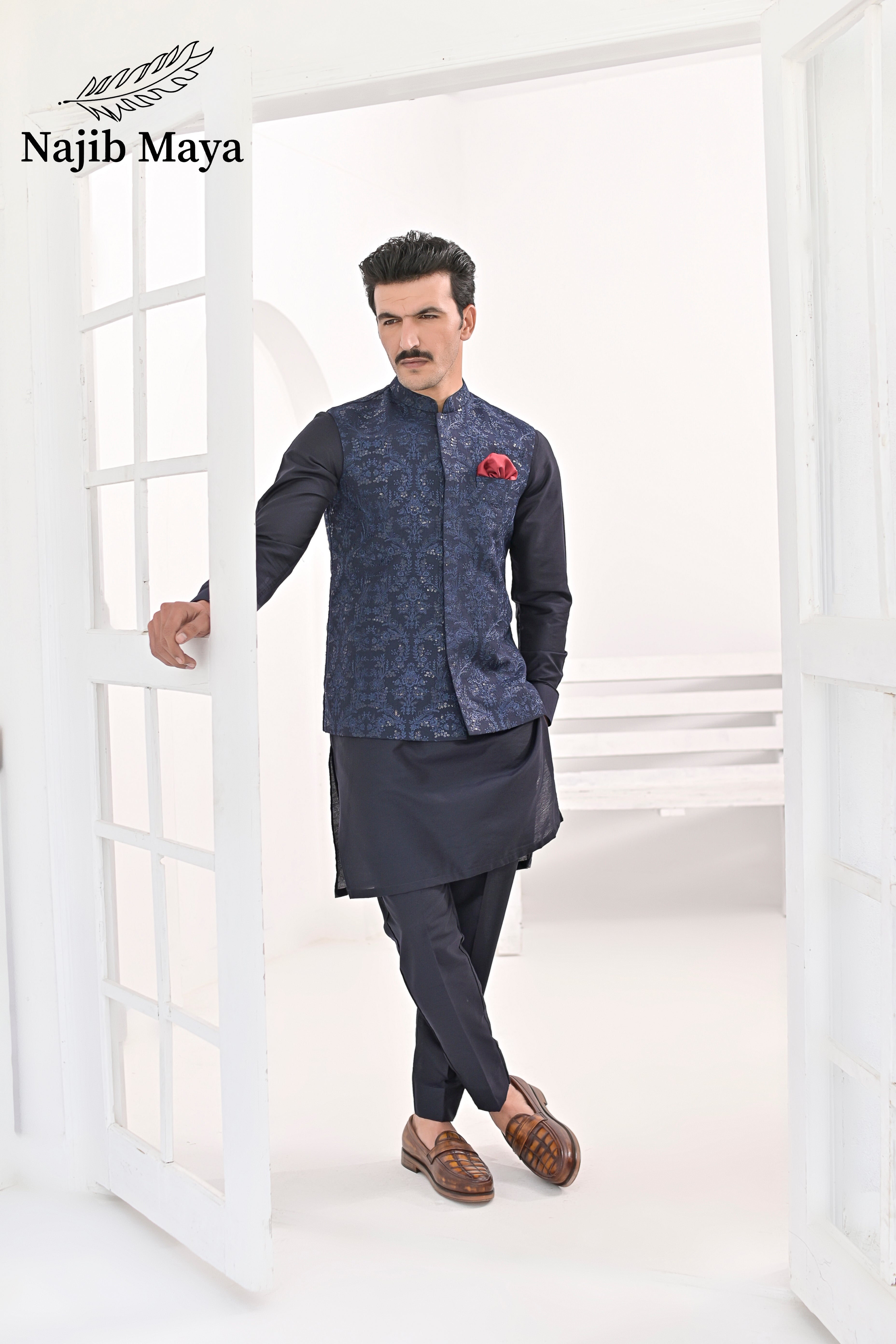 Blue Embroidery Waist Coat & Blue Kurta Pajama For Men's