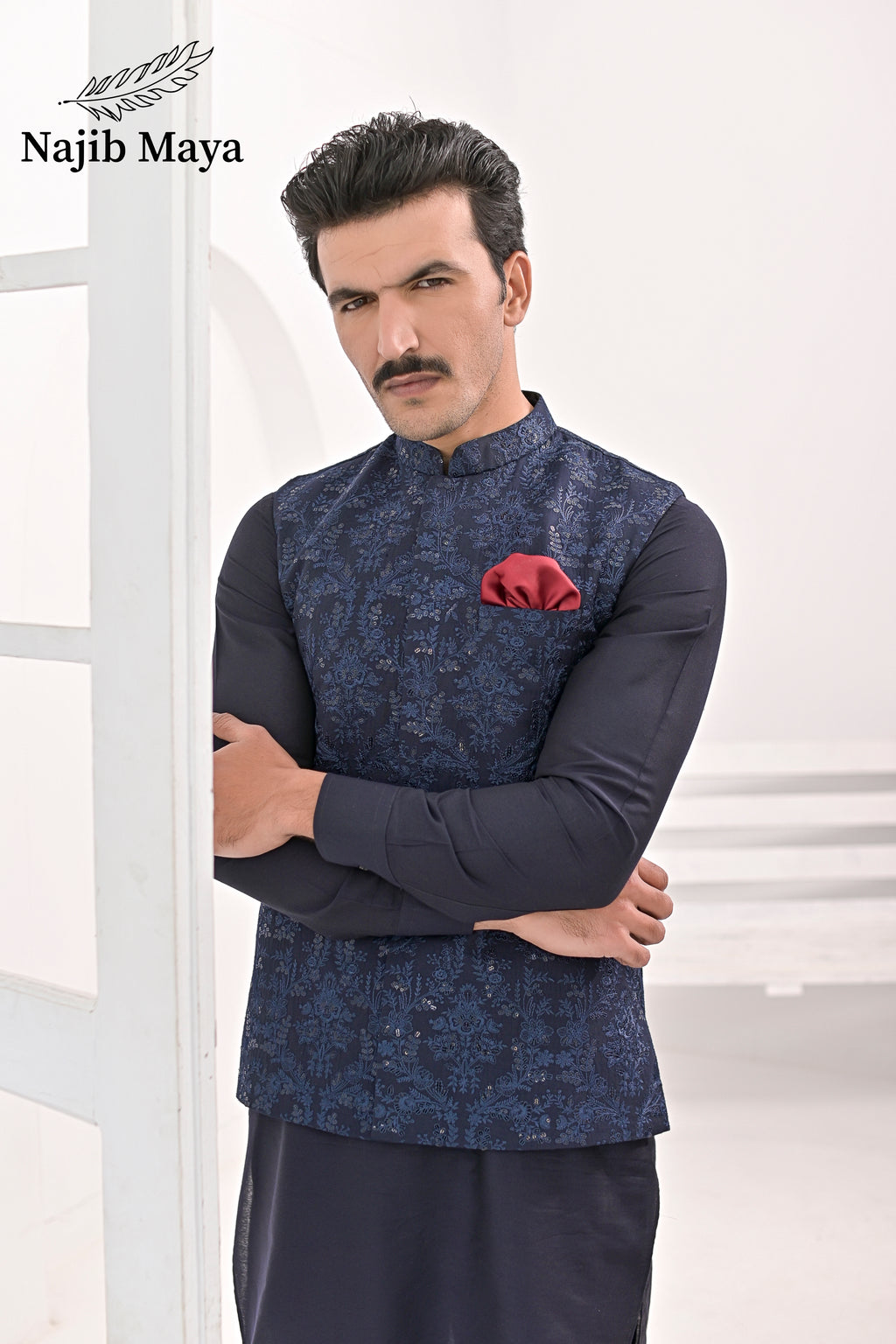 Blue Embroidery Waist Coat & Blue Kurta Pajama For Men's