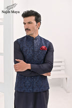 Blue Embroidery Waist Coat & Blue Kurta Pajama For Men's
