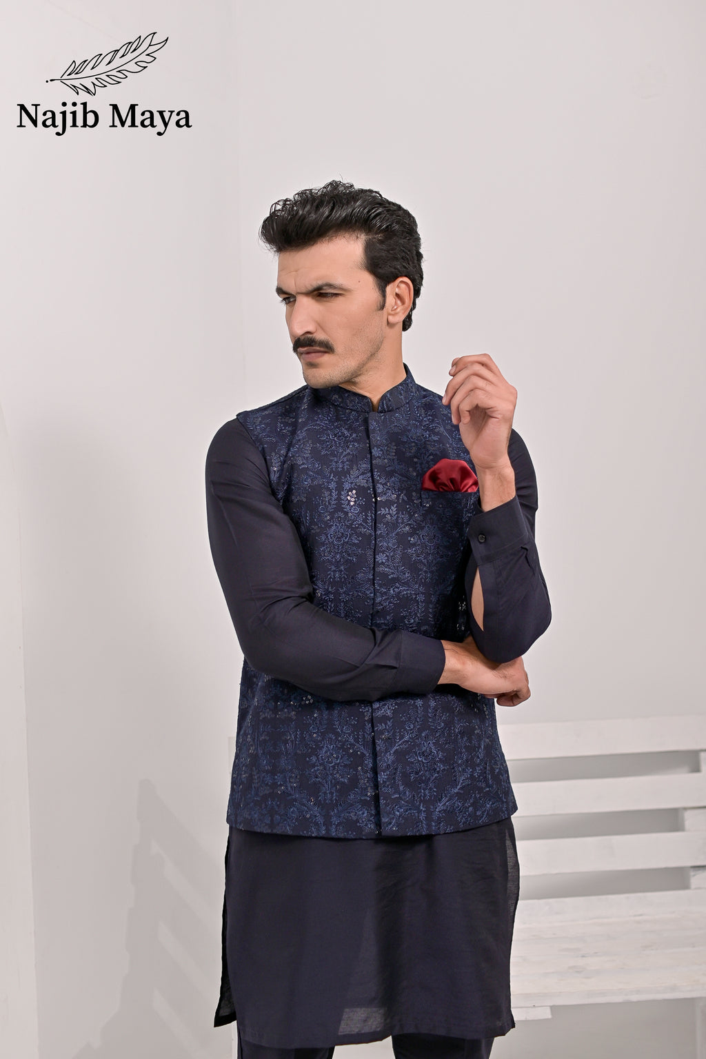 Blue Embroidery Waist Coat & Blue Kurta Pajama For Men's