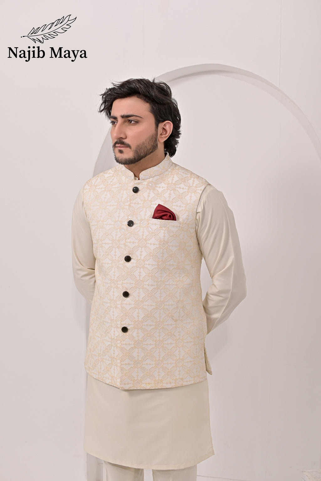 Cream Embroidery Waist Coat & Cream Kurta Pajama For Men's