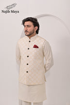 Cream Embroidery Waist Coat & Cream Kurta Pajama For Men's