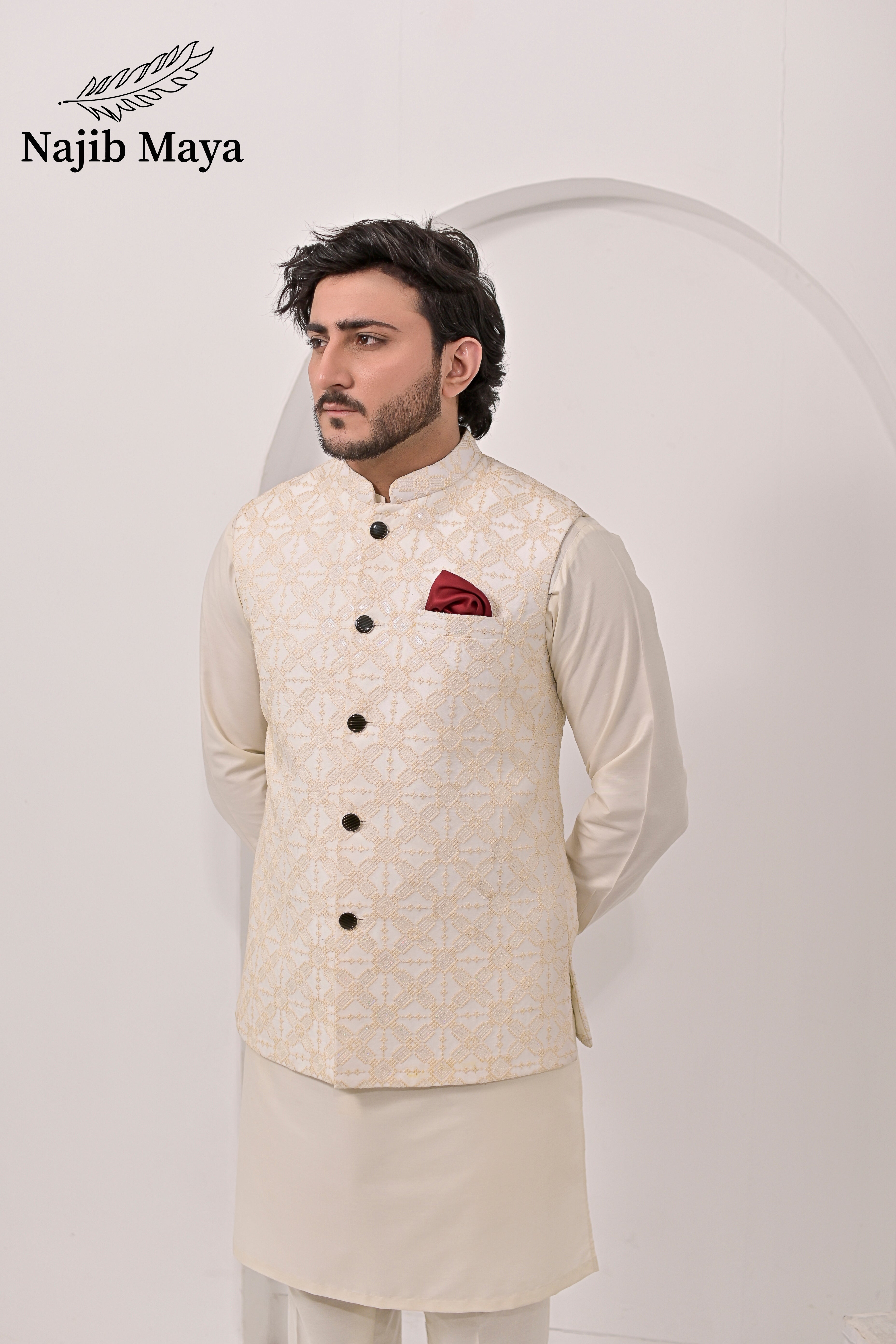 Cream Embroidery Waist Coat & Cream Kurta Pajama For Men's