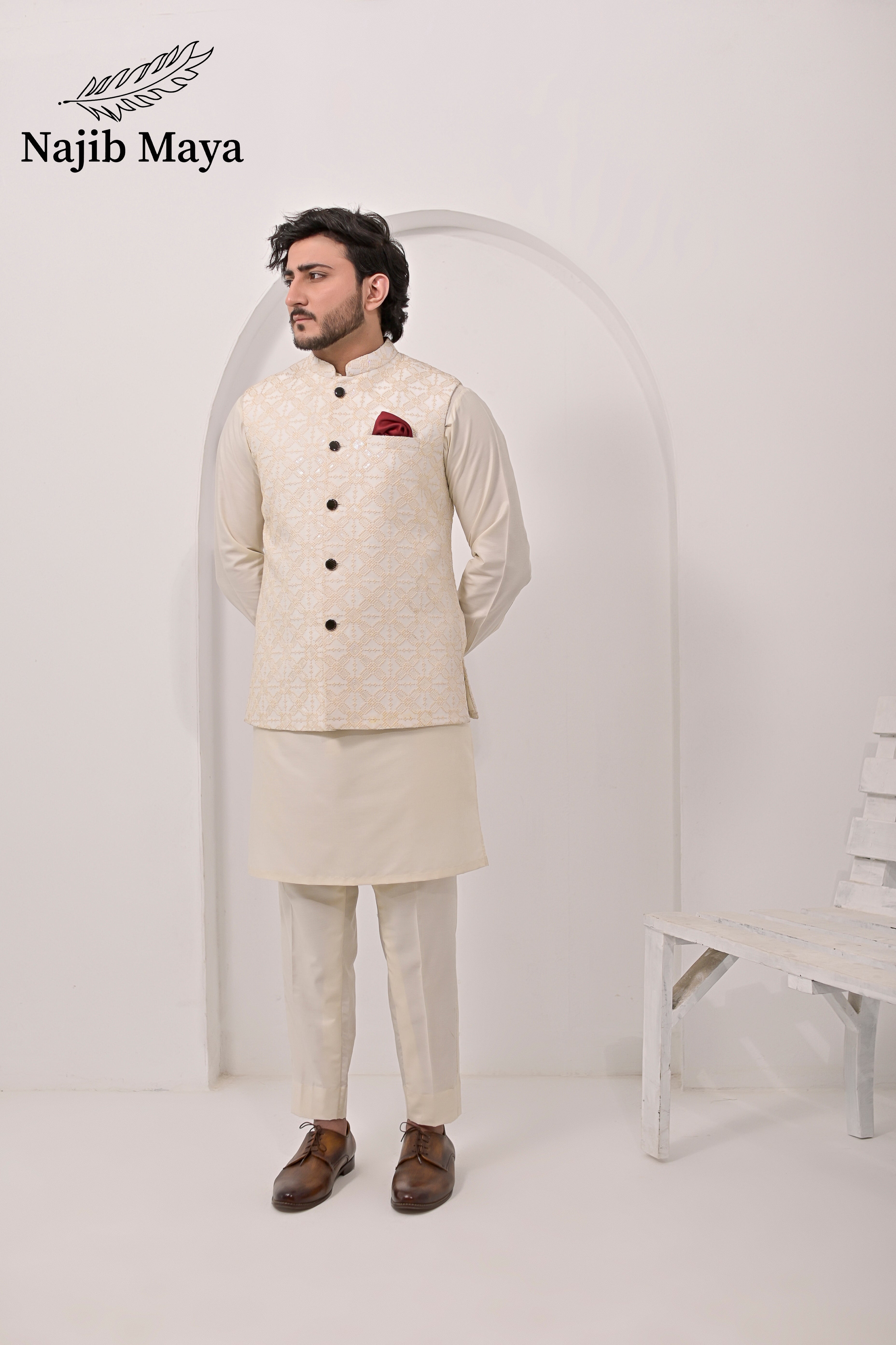 Cream Embroidery Waist Coat & Cream Kurta Pajama For Men's Main image