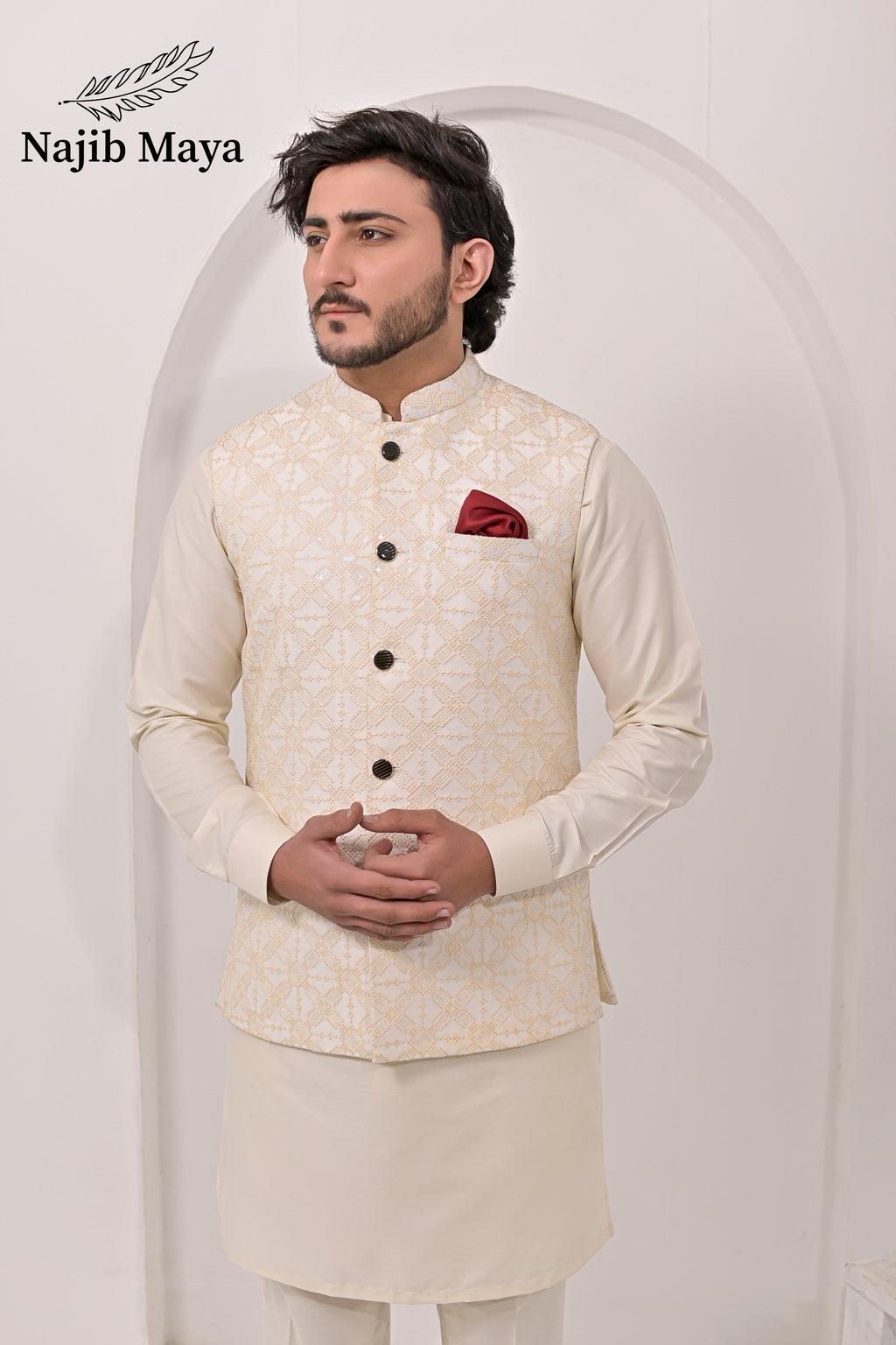 Cream Embroidery Waist Coat & Cream Kurta Pajama For Men's