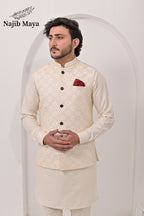 Cream Embroidery Waist Coat & Cream Kurta Pajama For Men's