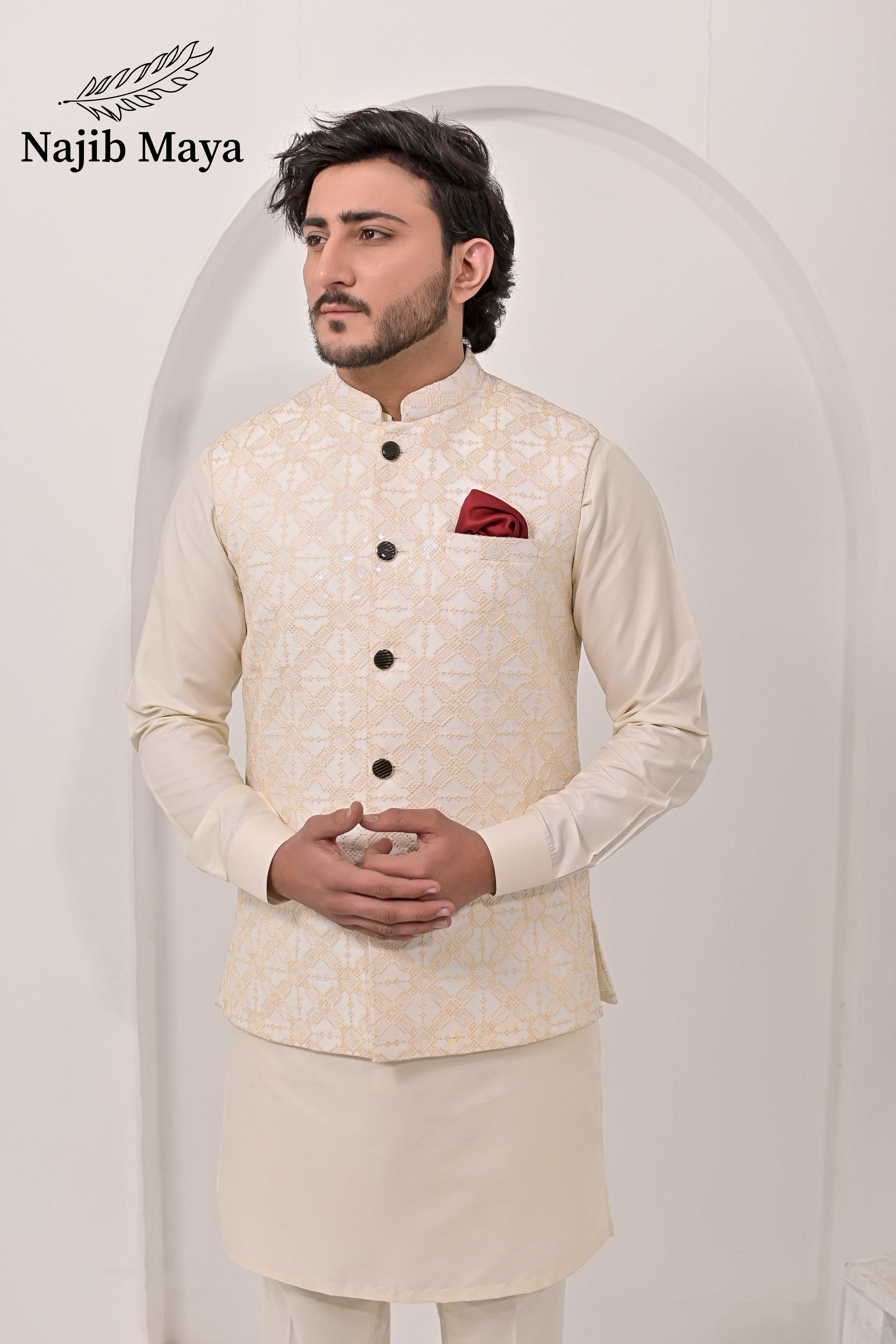 Cream Embroidery Waist Coat & Cream Kurta Pajama For Men's