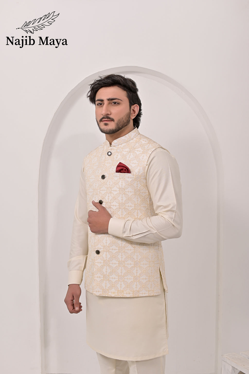 Cream Embroidery Waist Coat & Cream Kurta Pajama For Men's