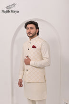 Cream Embroidery Waist Coat & Cream Kurta Pajama For Men's