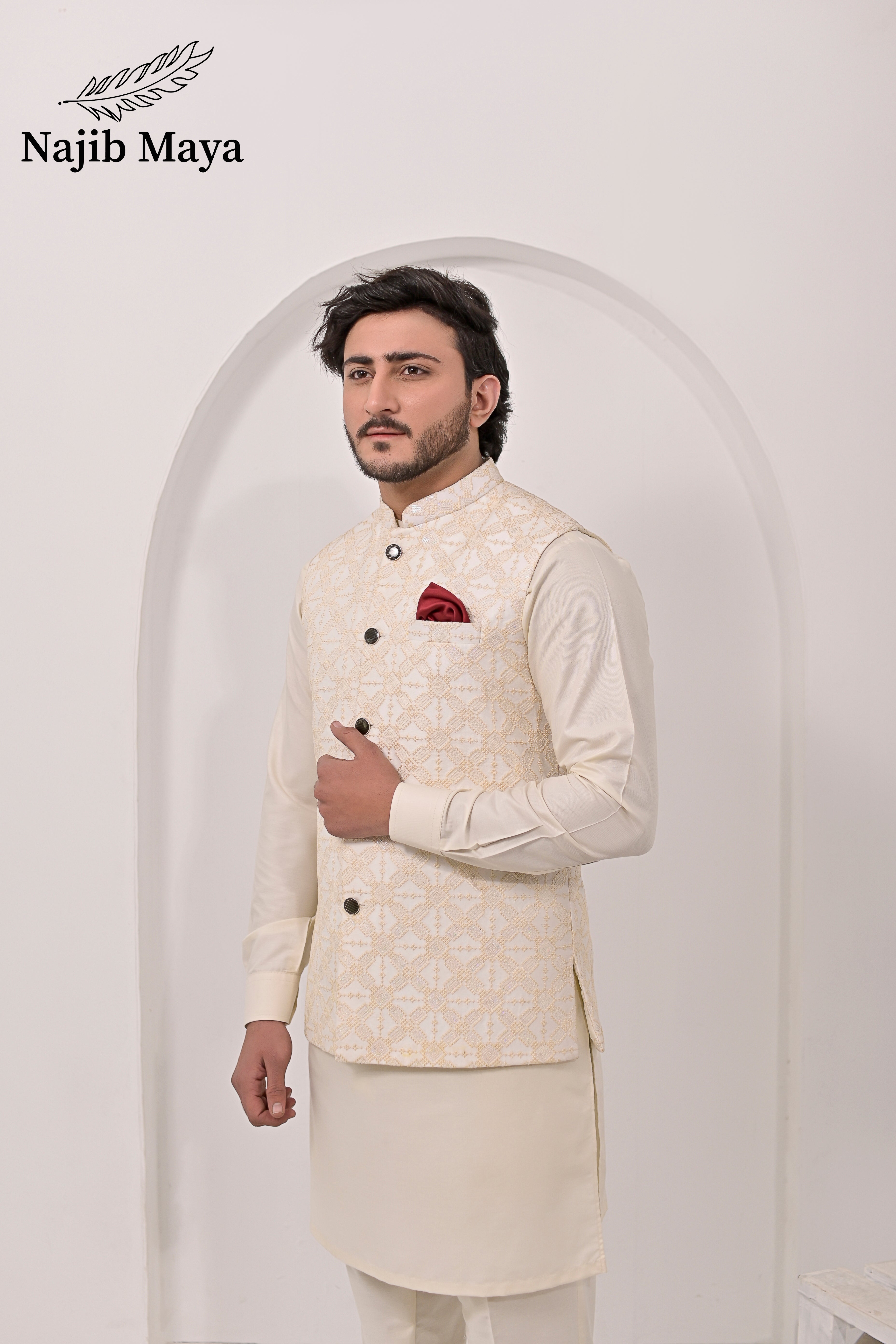 Cream Embroidery Waist Coat & Cream Kurta Pajama For Men's