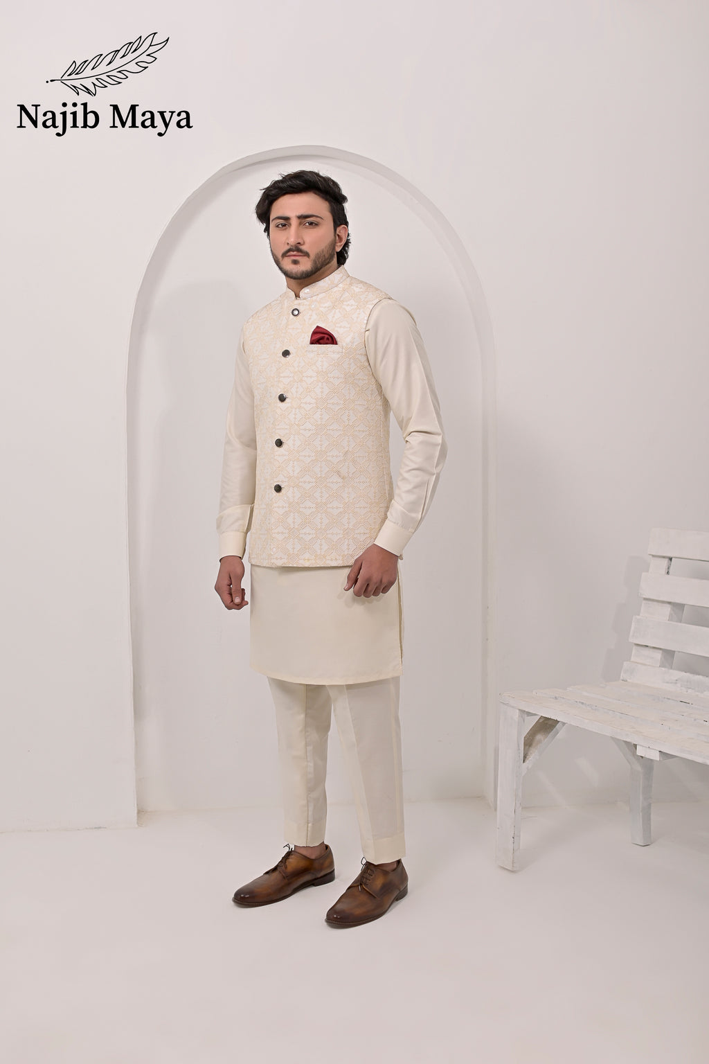 Cream Embroidery Waist Coat & Cream Kurta Pajama For Men's