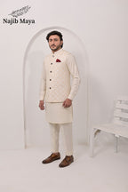 Cream Embroidery Waist Coat & Cream Kurta Pajama For Men's