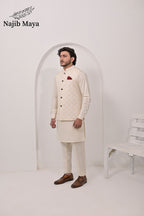 Cream Embroidery Waist Coat & Cream Kurta Pajama For Men's