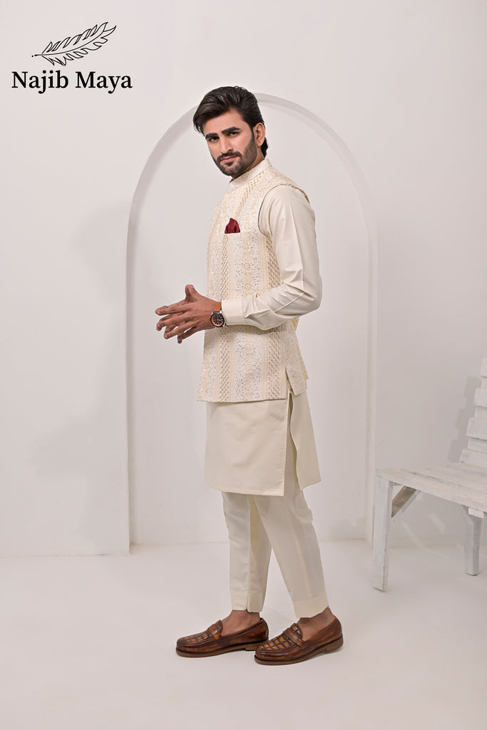 Cream Waist Coat & Cream Kurta Pajama For Men's