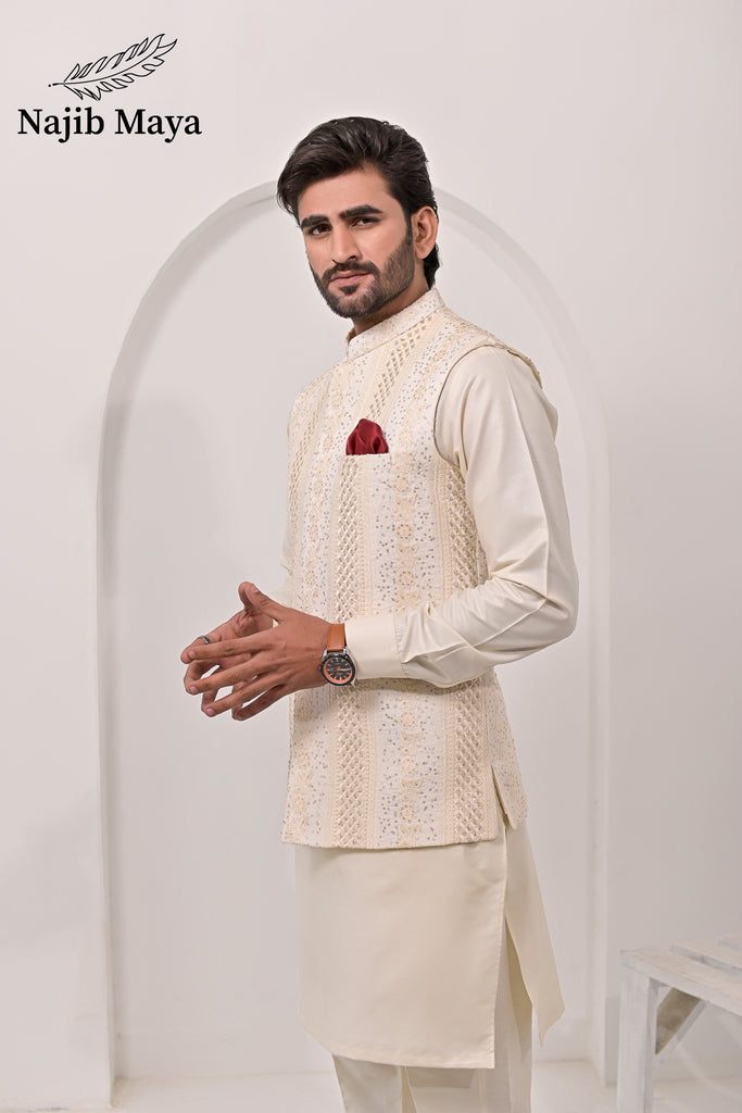 Cream Waist Coat & Cream Kurta Pajama For Men's