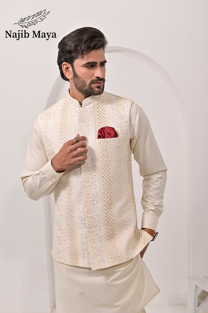 Cream Waist Coat & Cream Kurta Pajama For Men's