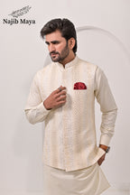 Cream Waist Coat & Cream Kurta Pajama For Men's