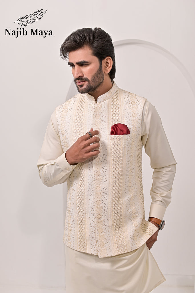 Cream Waist Coat & Cream Kurta Pajama For Men's