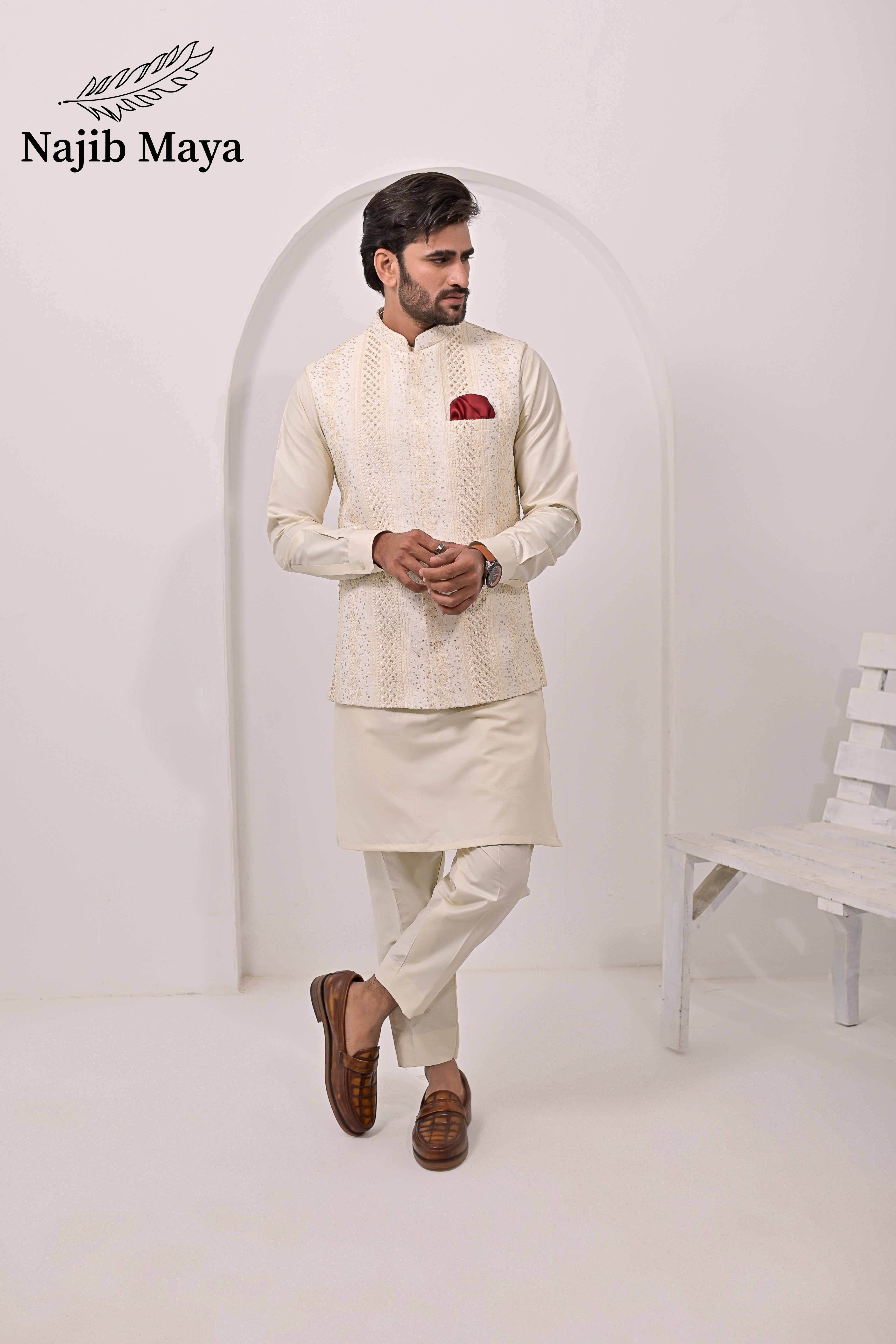 Cream Waist Coat & Cream Kurta Pajama For Men's Main image