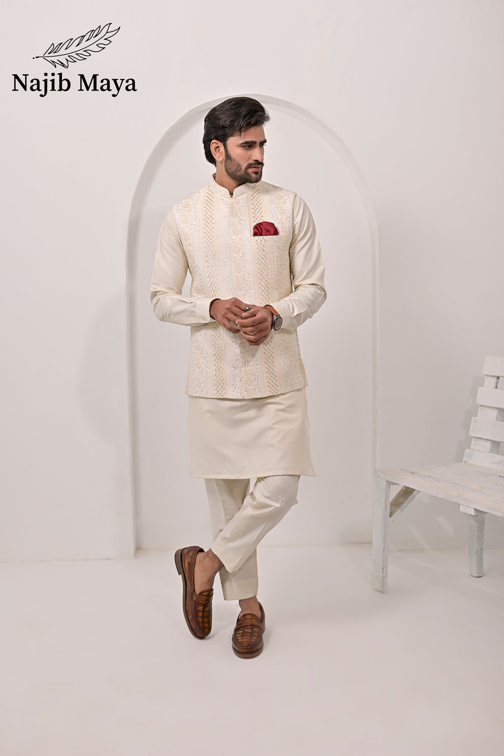 Cream Waist Coat & Cream Kurta Pajama For Men's