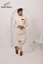 Cream Waist Coat & Cream Kurta Pajama For Men's
