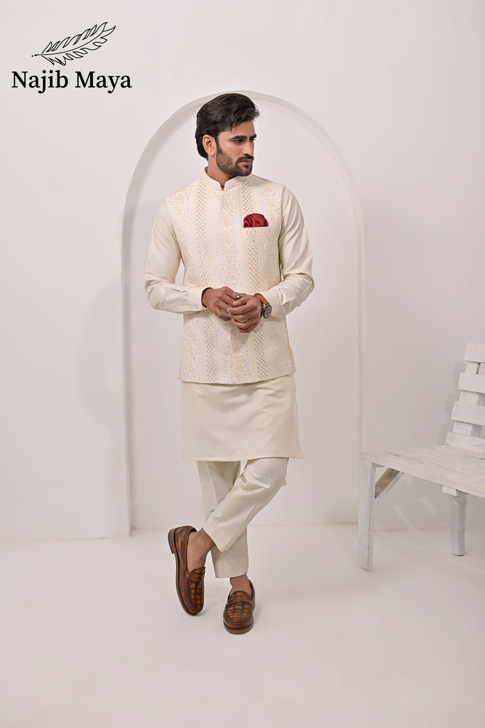 Cream Waist Coat & Cream Kurta Pajama For Men's