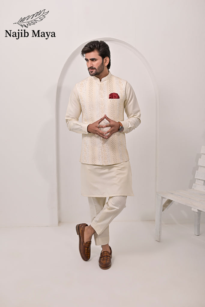 Cream Waist Coat & Cream Kurta Pajama For Men's