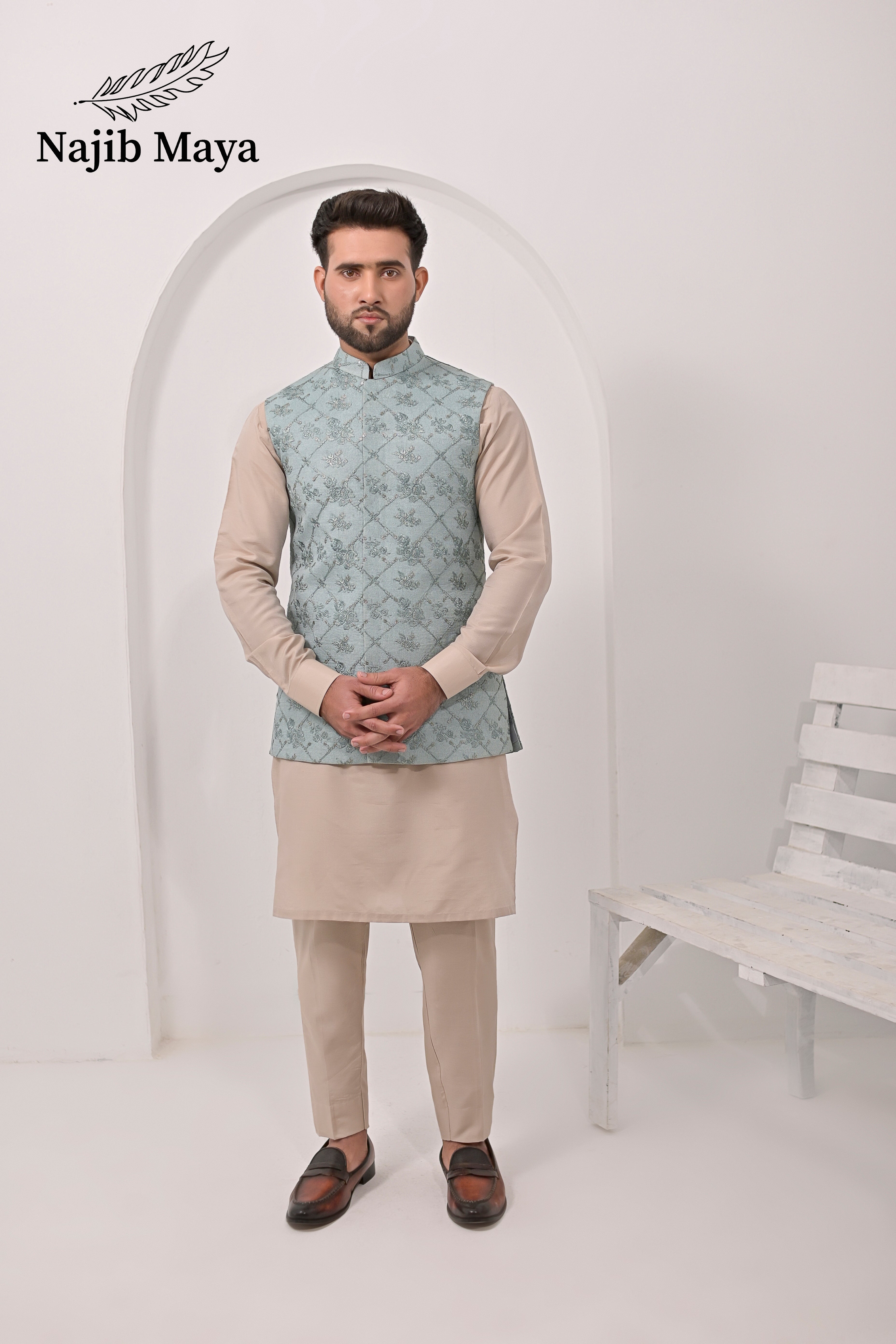 Grayish Embroidery Waist Coat & Mate Gold Kurta Pajama For Men's Main image