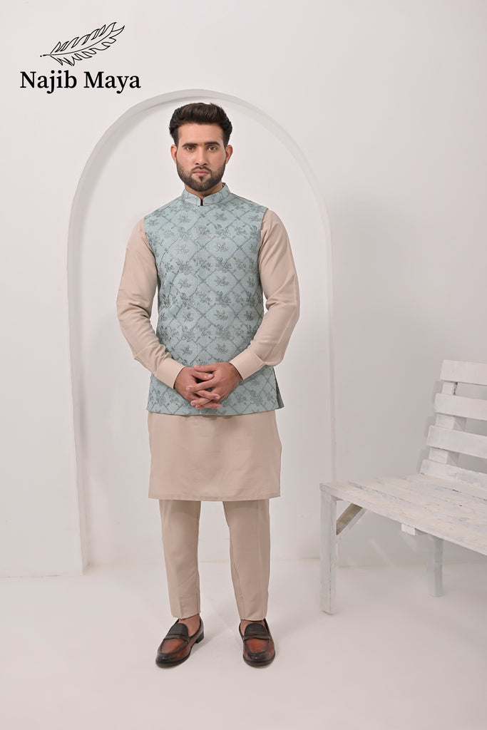 Grayish Embroidery Waist Coat & Mate Gold Kurta Pajama For Men's