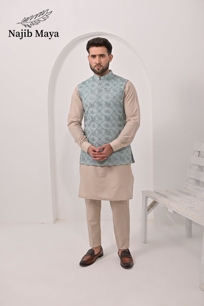 Grayish Embroidery Waist Coat & Mate Gold Kurta Pajama For Men's