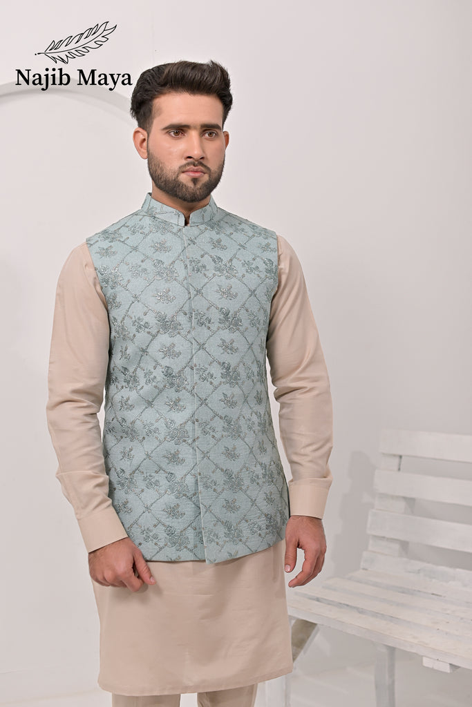 Grayish Embroidery Waist Coat & Mate Gold Kurta Pajama For Men's