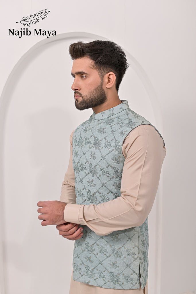 Grayish Embroidery Waist Coat & Mate Gold Kurta Pajama For Men's