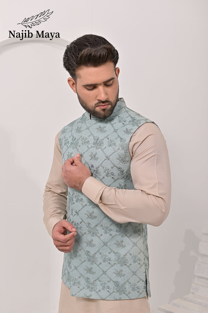 Grayish Embroidery Waist Coat & Mate Gold Kurta Pajama For Men's