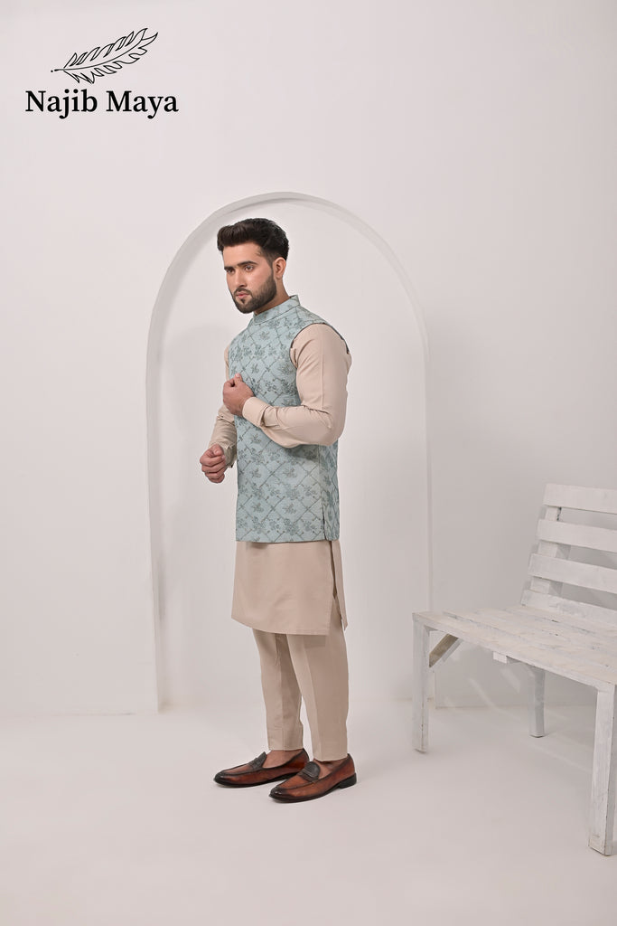 Grayish Embroidery Waist Coat & Mate Gold Kurta Pajama For Men's