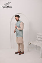 Load image into Gallery viewer, Grayish Embroidery Waist Coat &amp; Mate Gold Kurta Pajama For Men&#39;s