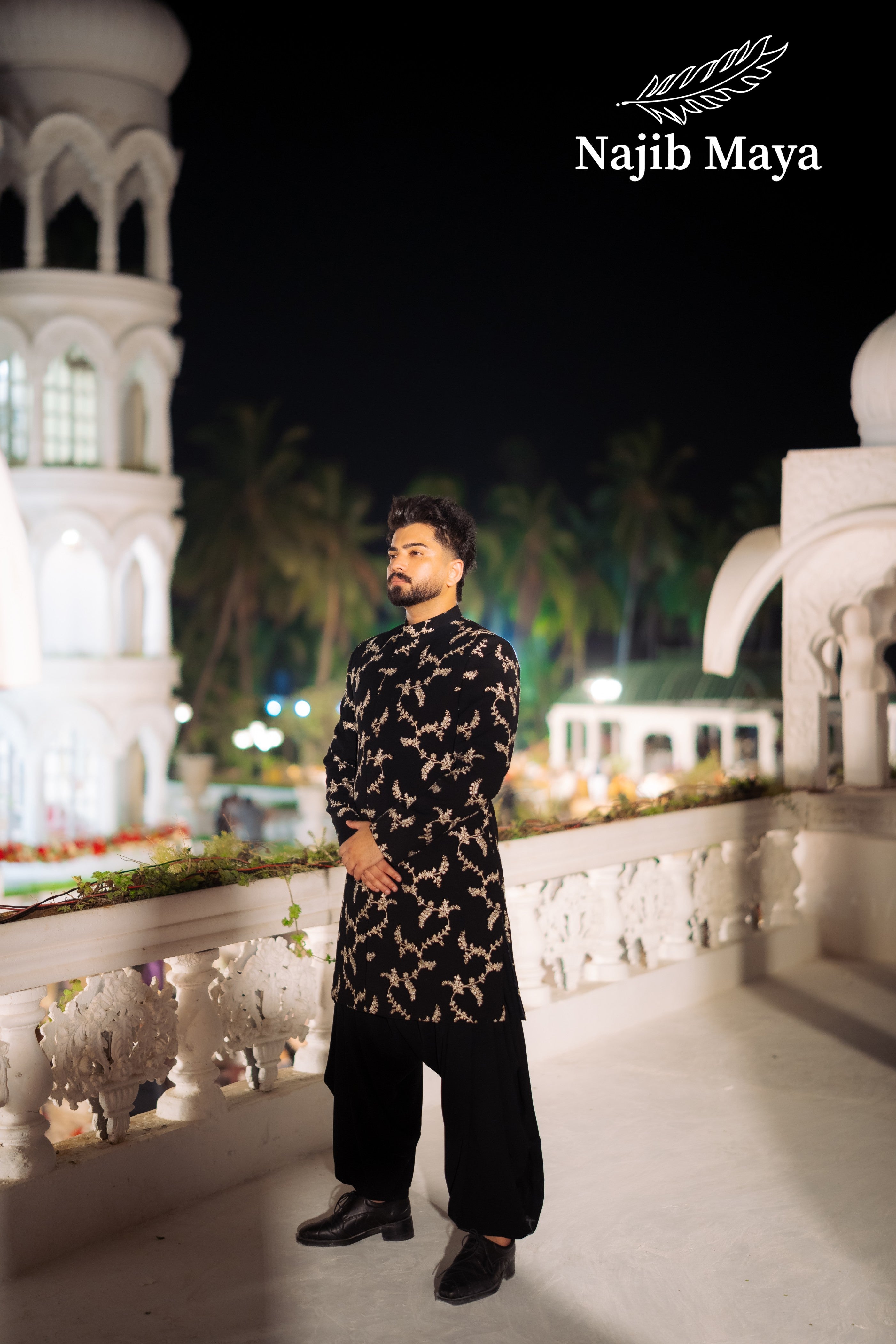 Black Georgette Embroidery Sherwani + Patiala Shalwar For Men's Main image