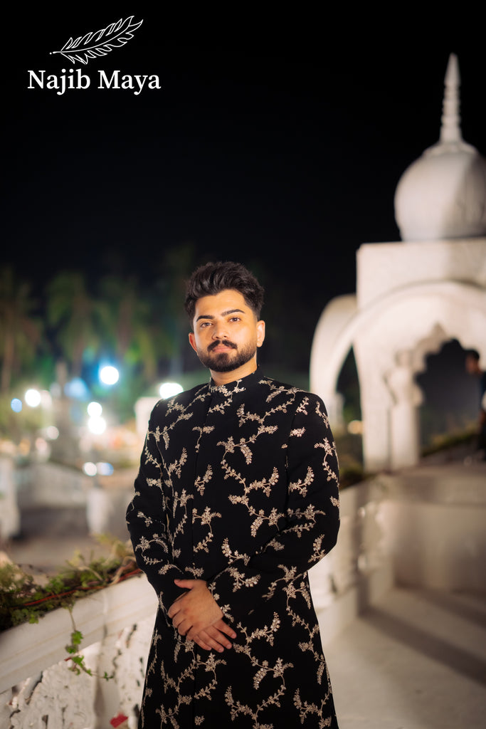 Black Georgette Embroidery Sherwani + Patiala Shalwar For Men's