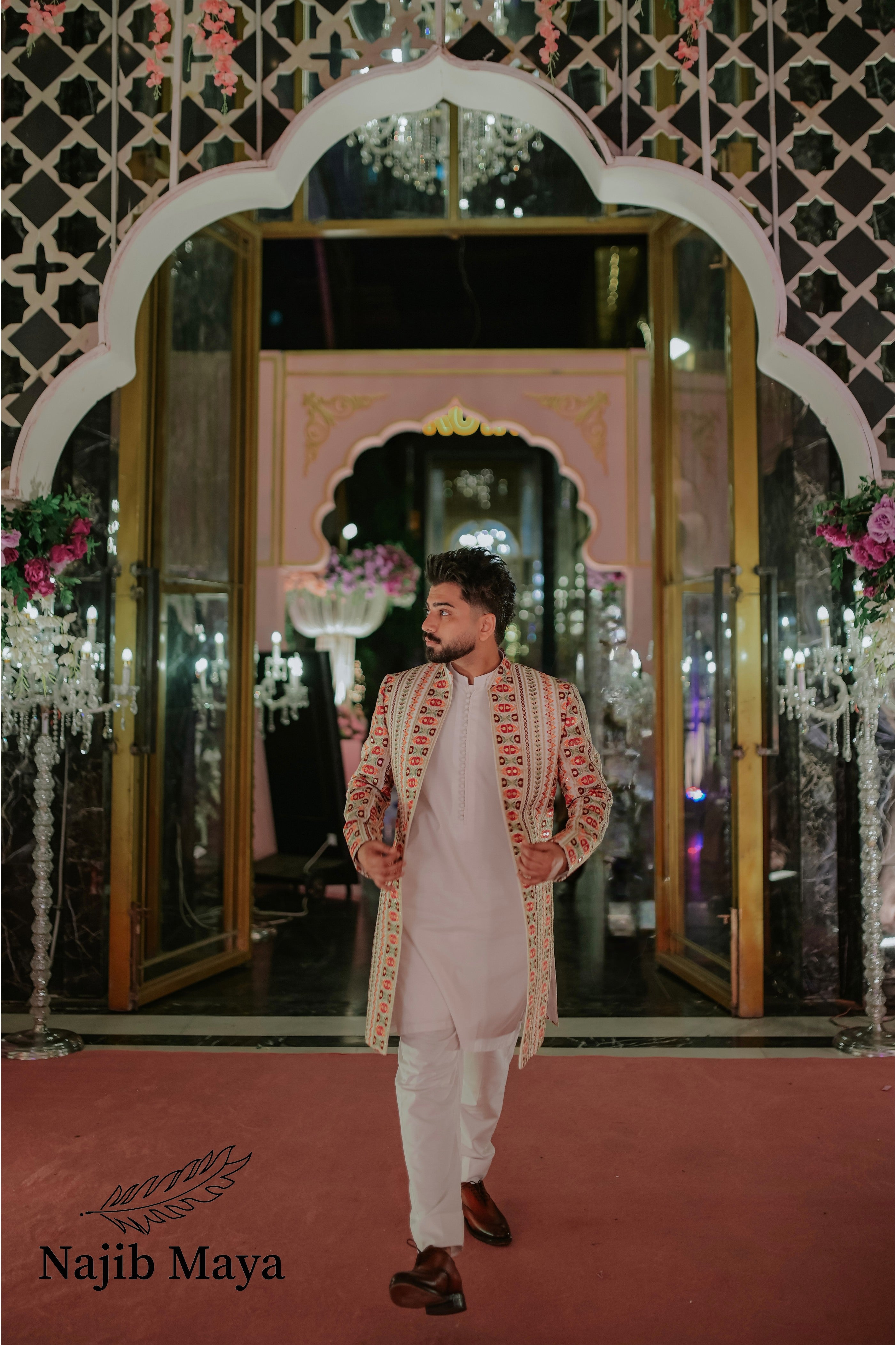 White Multi Embroidery Long Coat + White Kurta Pajama For Men's Main image