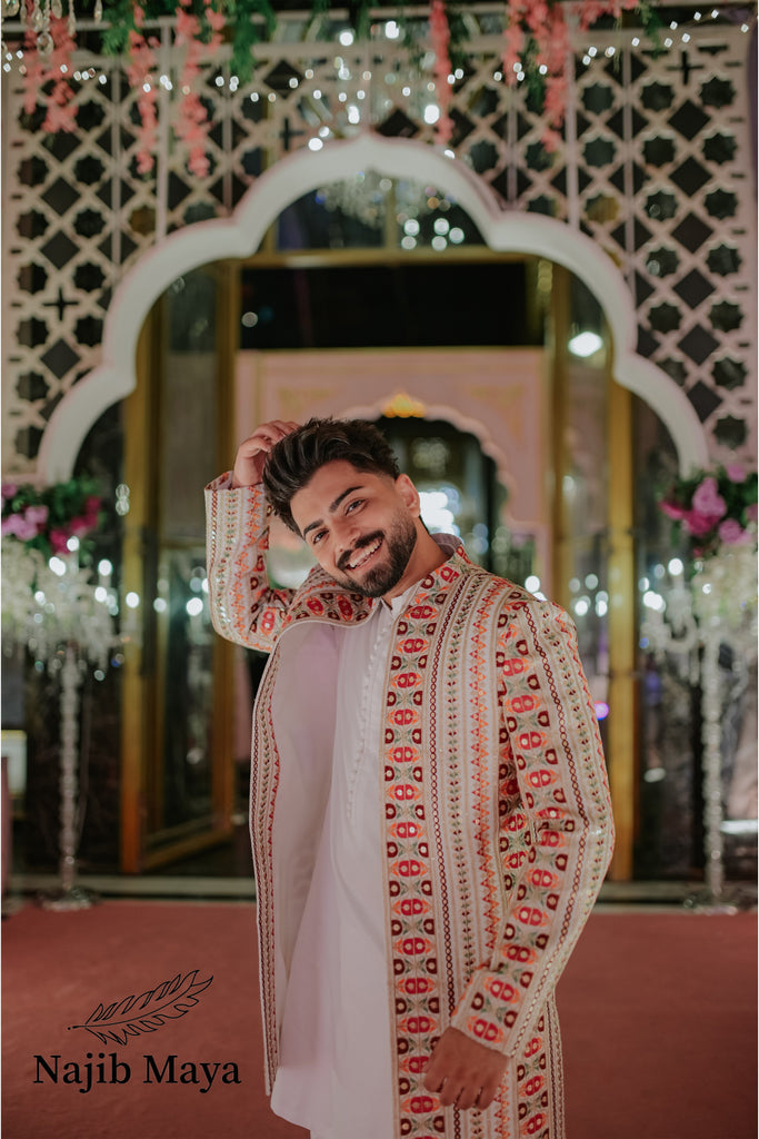 White Multi Embroidery Long Coat + White Kurta Pajama For Men's