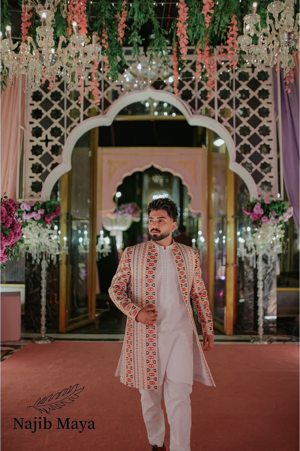 White Multi Embroidery Long Coat + White Kurta Pajama For Men's