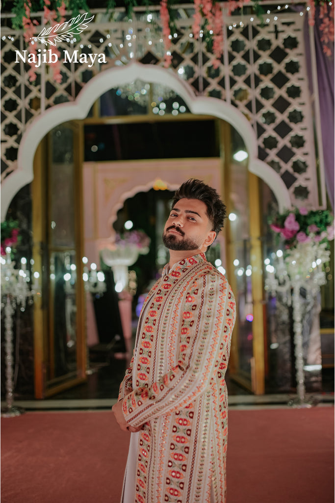 White Multi Embroidery Long Coat + White Kurta Pajama For Men's