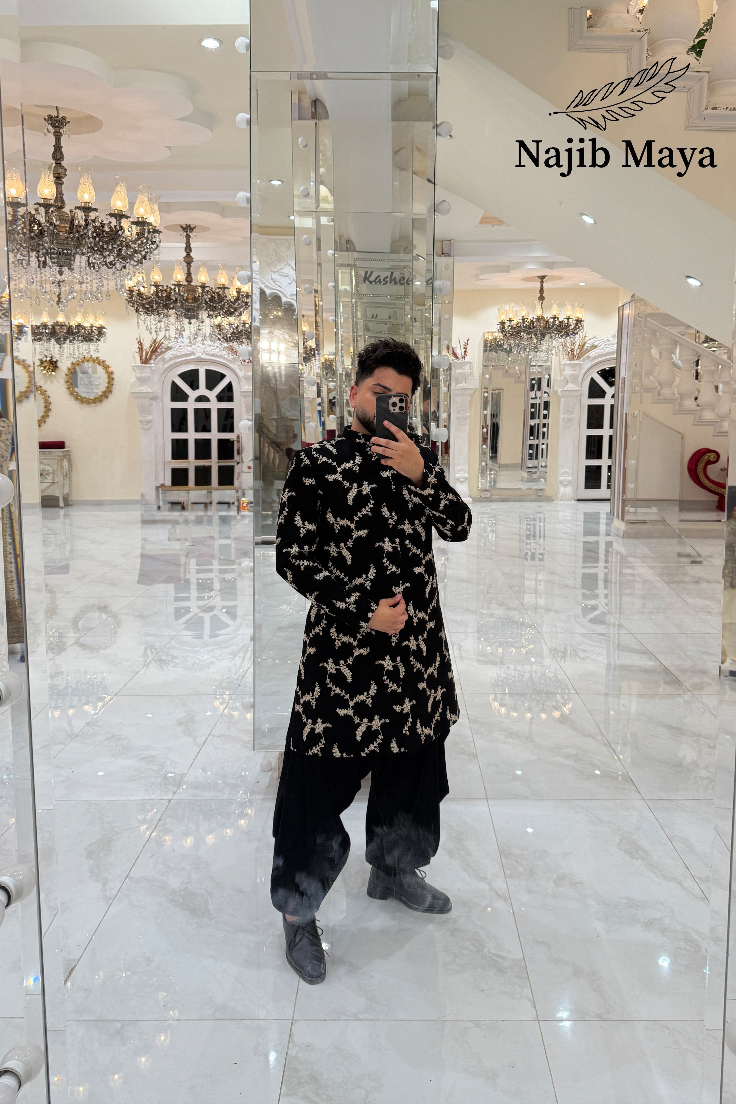 Black Georgette Embroidery Sherwani + Patiala Shalwar For Men's Secondary image