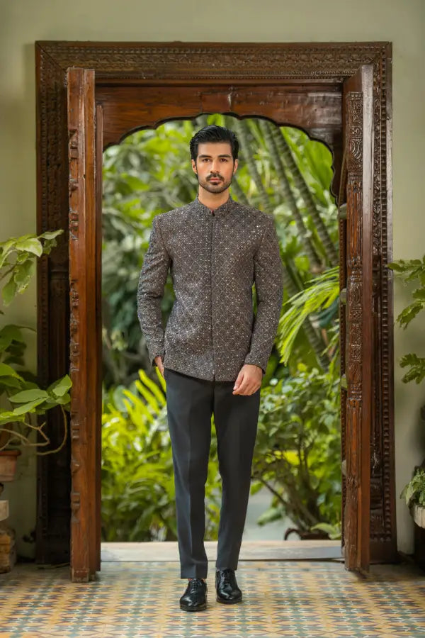 Grey Embroidered Prince Coat with Classic Pant