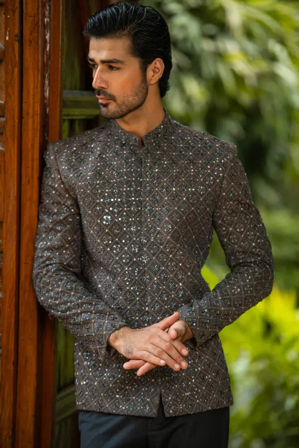 Grey Embroidered Prince Coat with Classic Pant