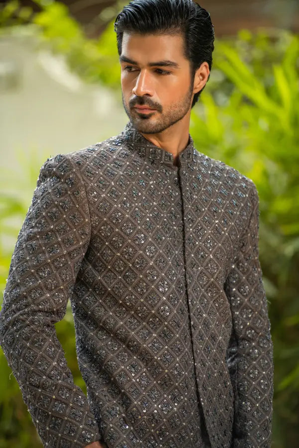 Grey Embroidered Prince Coat with Classic Pant