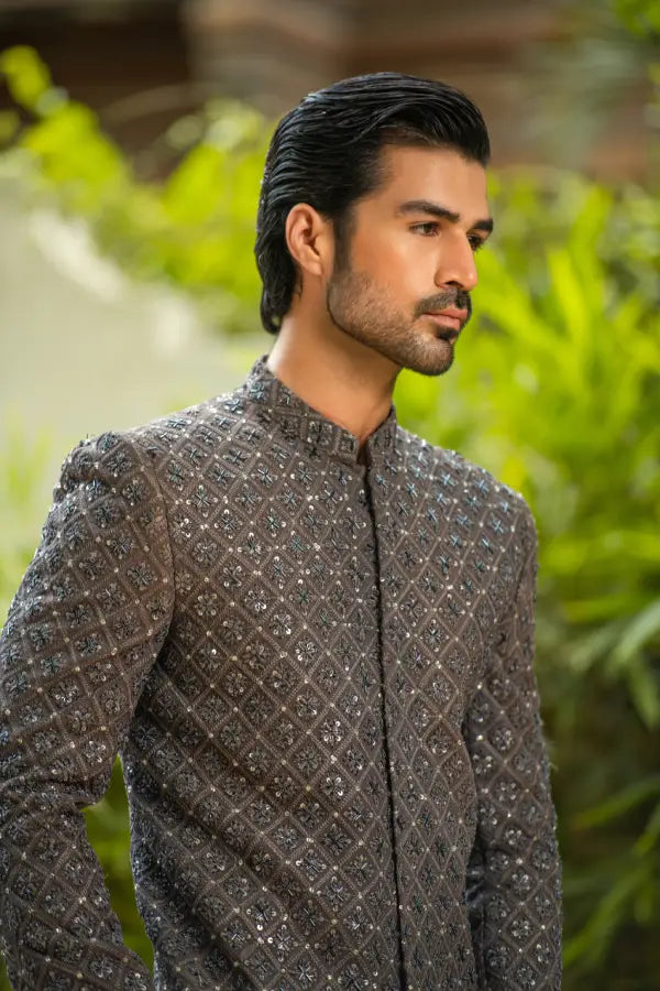 Grey Embroidered Prince Coat with Classic Pant