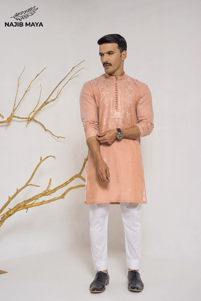 Powder Ovaltine Stylish Embroidered Kurta Pajama For Men's