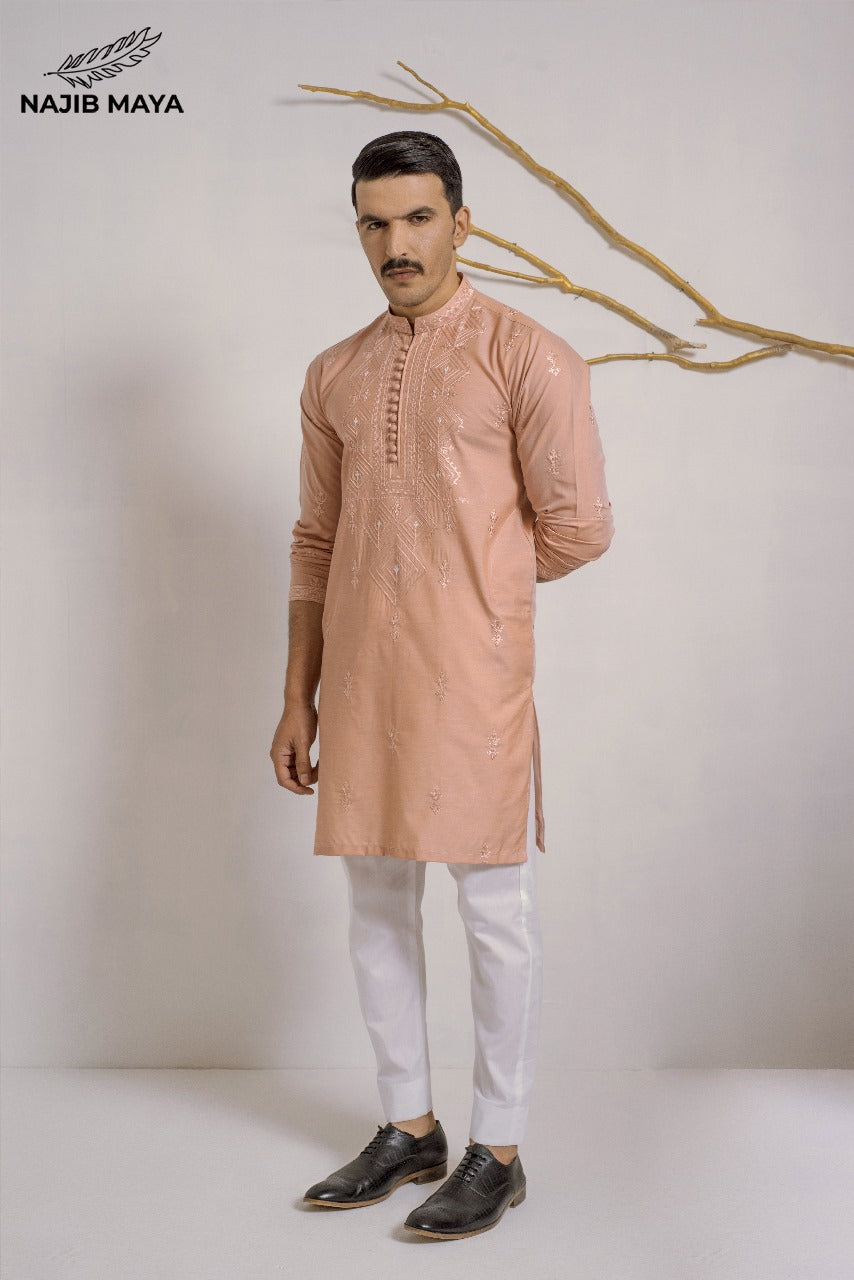 Powder Ovaltine Stylish Embroidered Kurta Pajama For Men's Main image