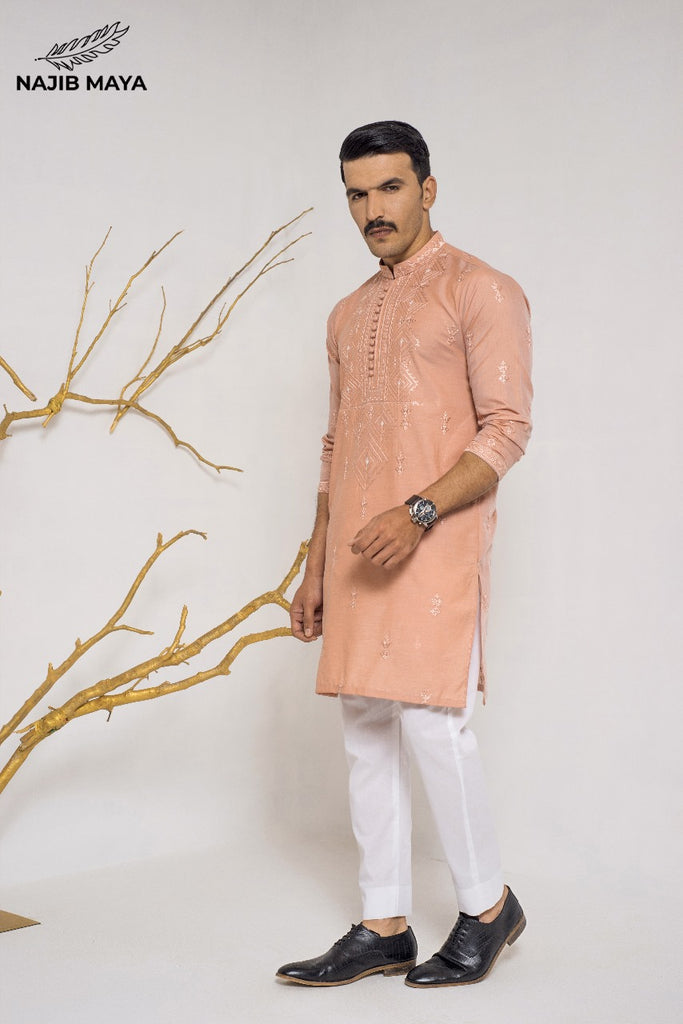 Powder Ovaltine Stylish Embroidered Kurta Pajama For Men's